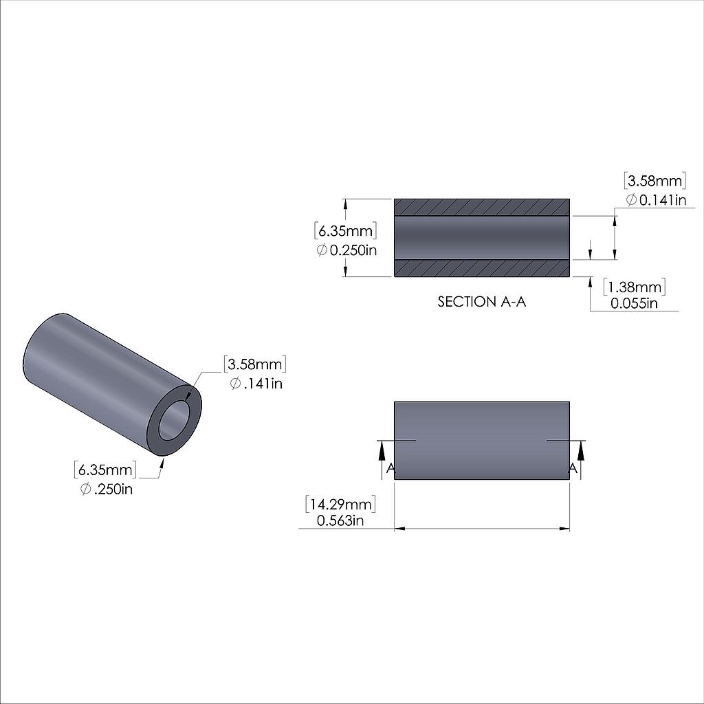 Aluminum Spacer 1/4'' OD x .141'' ID x 9/16'' Long, Plain Aluminum Finish