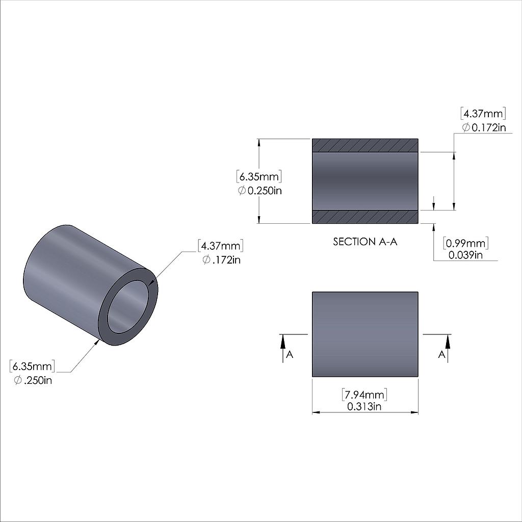 Aluminum Spacer 1/4'' OD x .172'' ID x 5/16'' Long, Plain Aluminum Finish