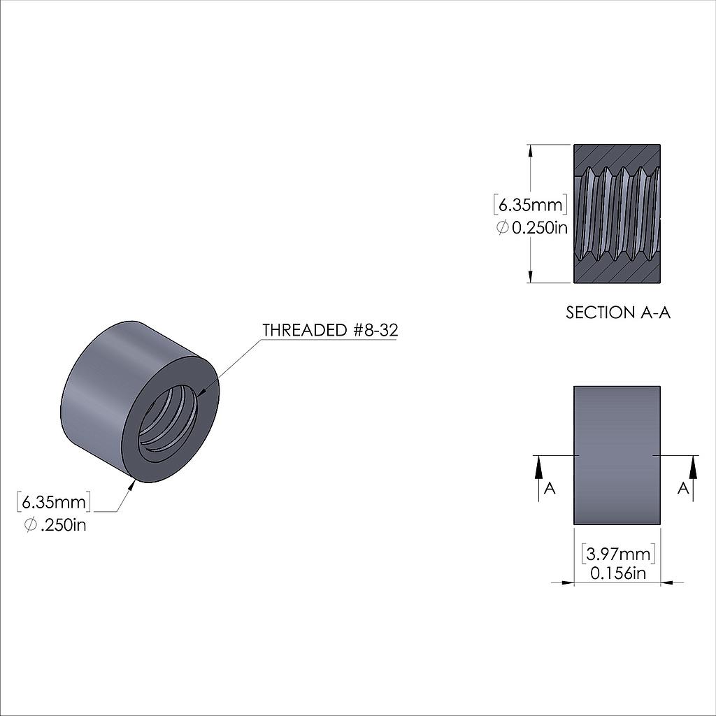 Aluminum Standoff 1/4'' OD x 8-32 Thread x 5/32'' Long, Plain Aluminum Finish