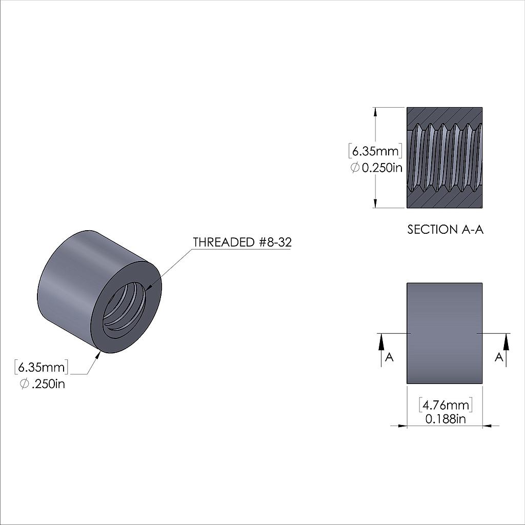 Aluminum Standoff 1/4'' OD x 8-32 Thread x 3/16'' Long, Plain Aluminum Finish