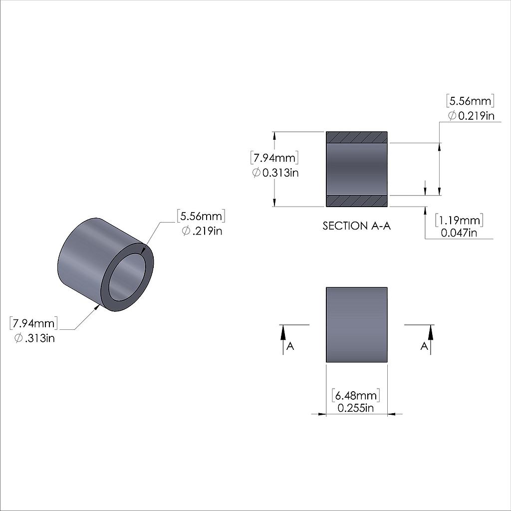 Aluminum Spacer 5/16'' OD x .219'' ID x .255'' Long, Plain Aluminum Finish