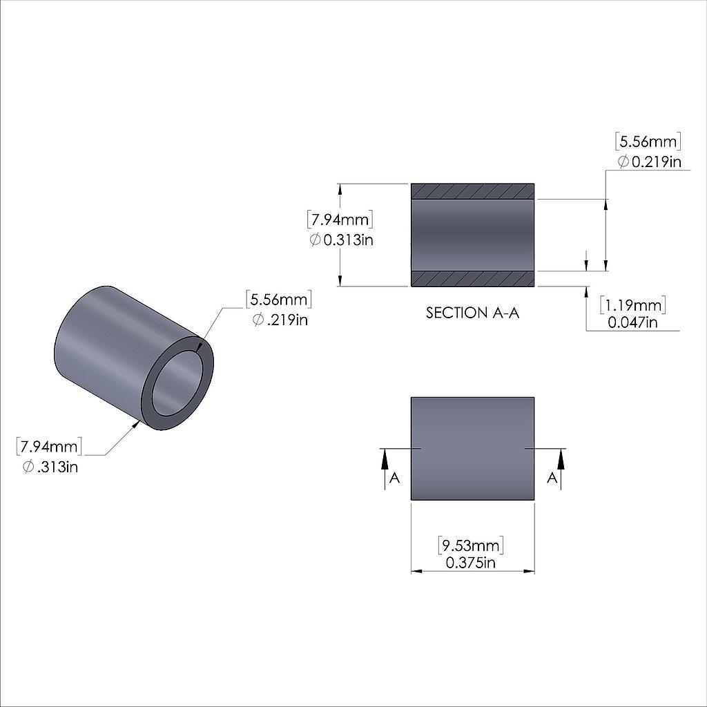 Aluminum Spacer 5/16'' OD x .219'' ID x 3/8'' Long, Plain Aluminum Finish