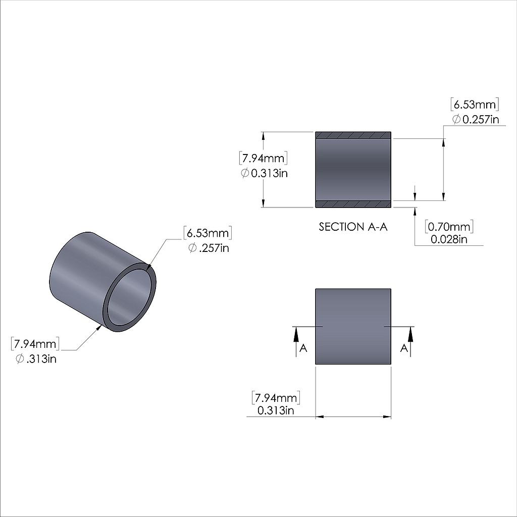 Aluminum Spacer 5/16'' OD x .257'' ID x 5/16'' Long, Plain Aluminum Finish