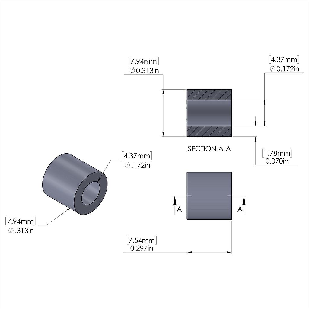 Aluminum Spacer 5/16'' OD x .172'' ID x 19/64'' Long, Plain Aluminum Finish