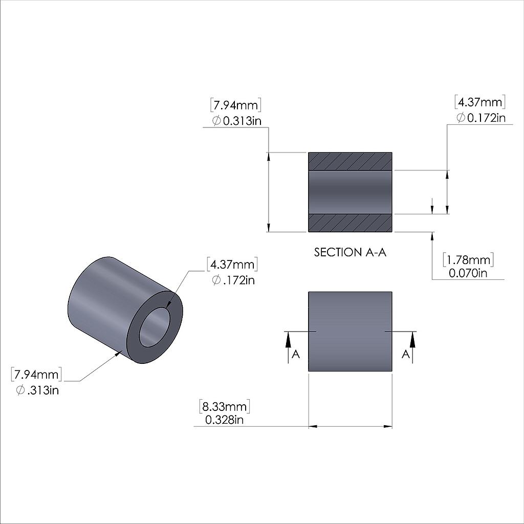 Aluminum Spacer 5/16'' OD x .172'' ID x 21/64'' Long, Plain Aluminum Finish