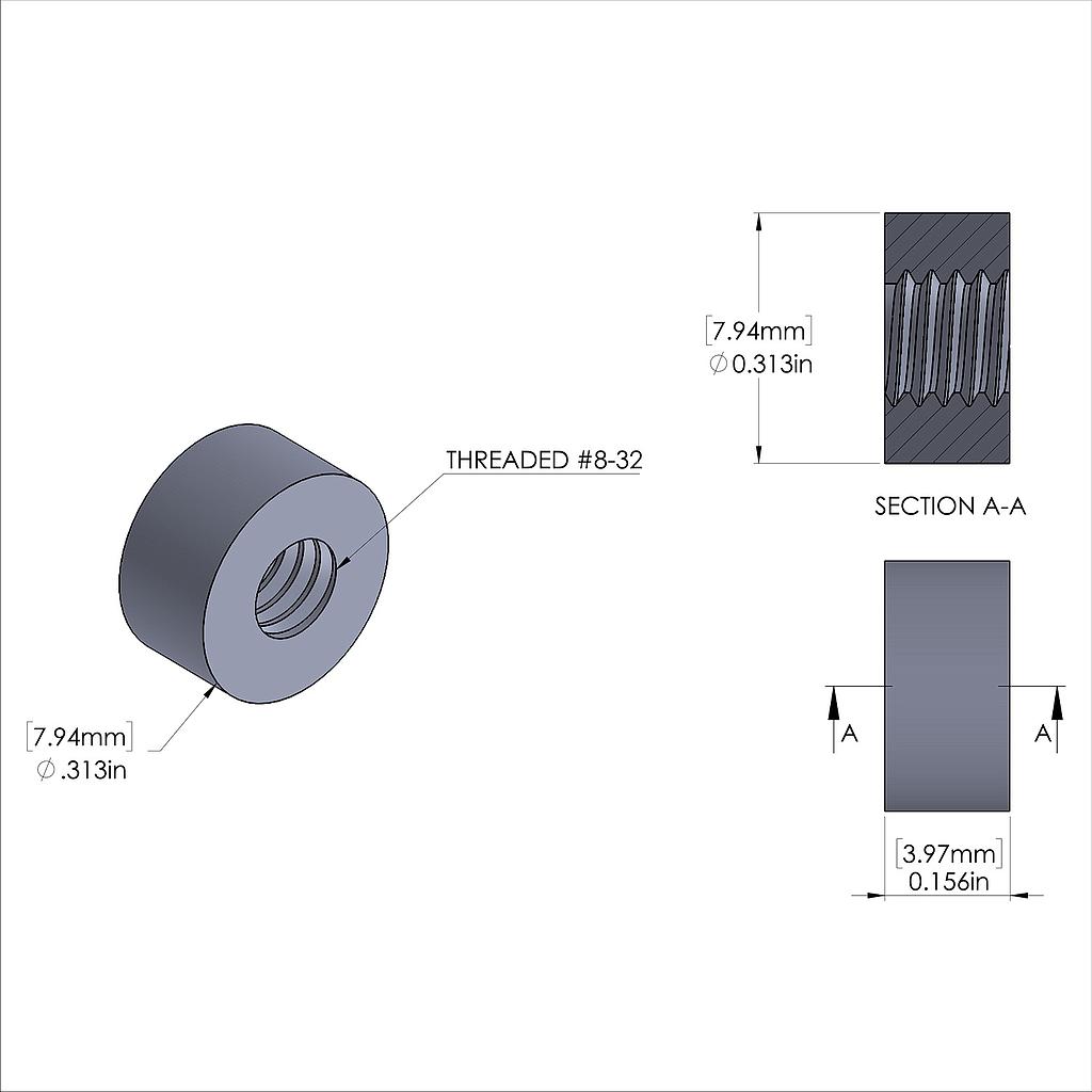 Aluminum Standoff 5/16'' OD x 8-32 Thread x 5/32'' Long, Plain Aluminum Finish