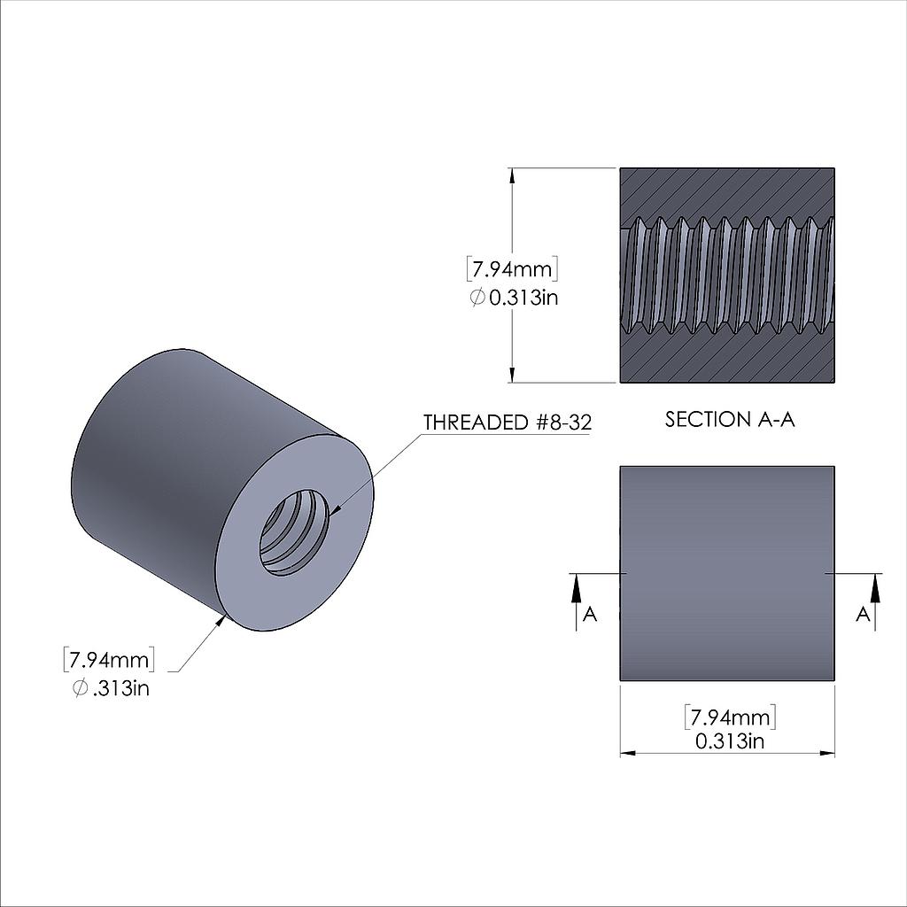 Aluminum Standoff 5/16'' OD x 8-32 Thread x 5/16'' Long, Plain Aluminum Finish