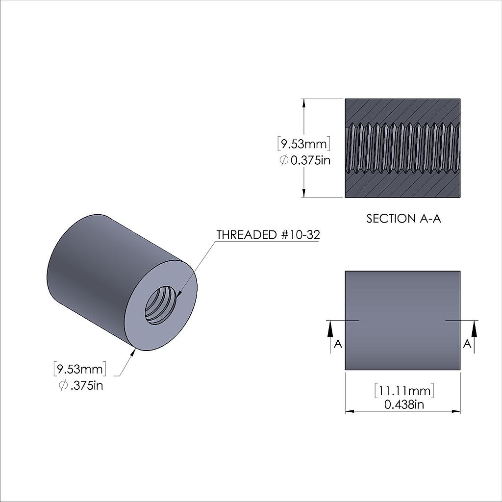 Aluminum Standoff 3/8'' OD x 10-32 Thread x 7/16'' Long, Plain Aluminum Finish