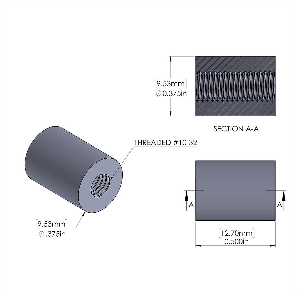 Aluminum Standoff 3/8'' OD x 10-32 Thread x 1/2'' Long, Plain Aluminum Finish