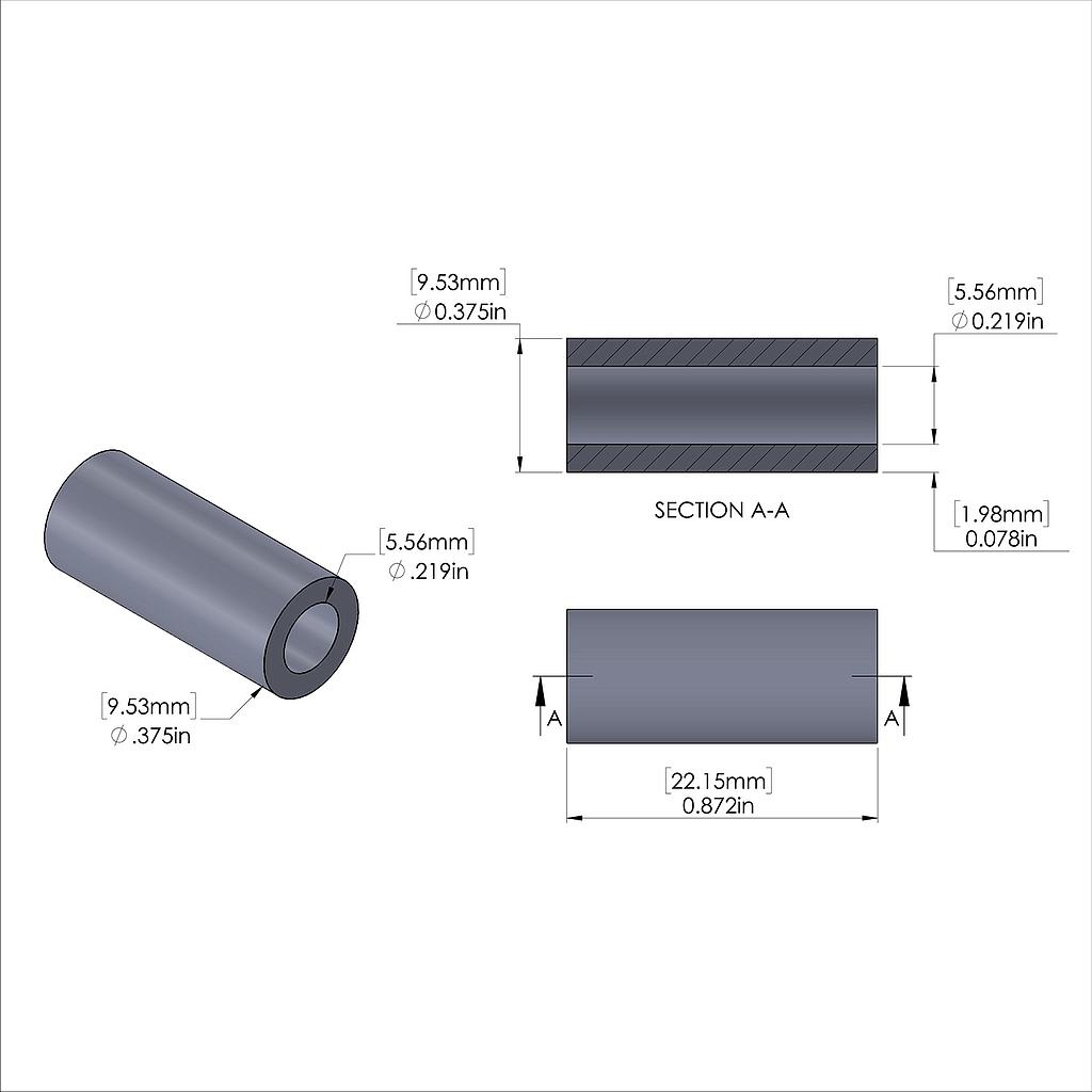 Aluminum Spacer 3/8'' OD x .219'' ID x .872'' Long, Plain Aluminum Finish