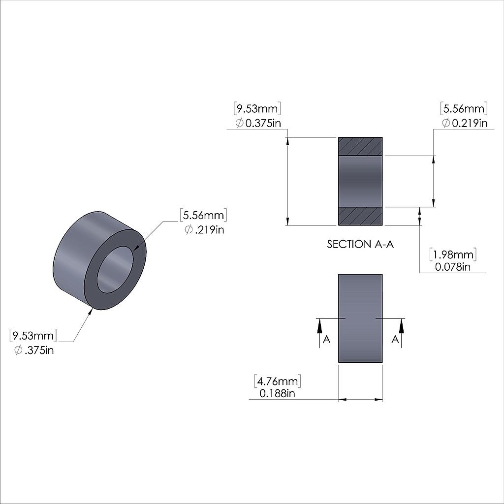 Aluminum Spacer 3/8'' OD x .219'' ID x 3/16'' Long, Plain Aluminum Finish