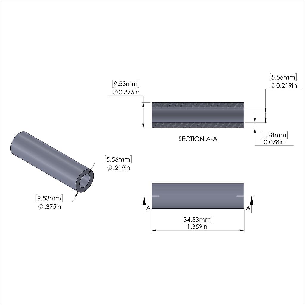 Aluminum Spacer 3/8'' OD x .219'' ID x 1-23/64'' Long, Plain Aluminum Finish