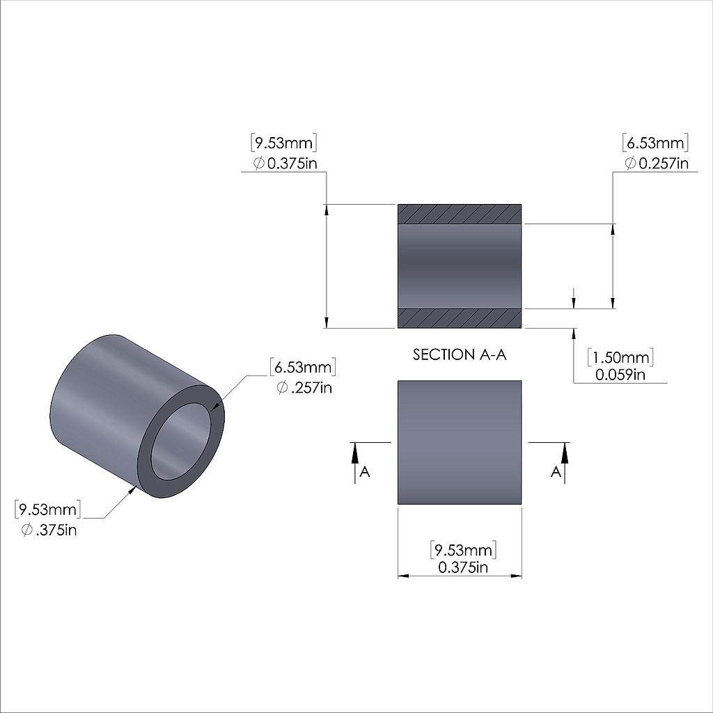 Aluminum Spacer 3/8'' OD x .257'' ID x 3/8'' Long, Plain Aluminum Finish