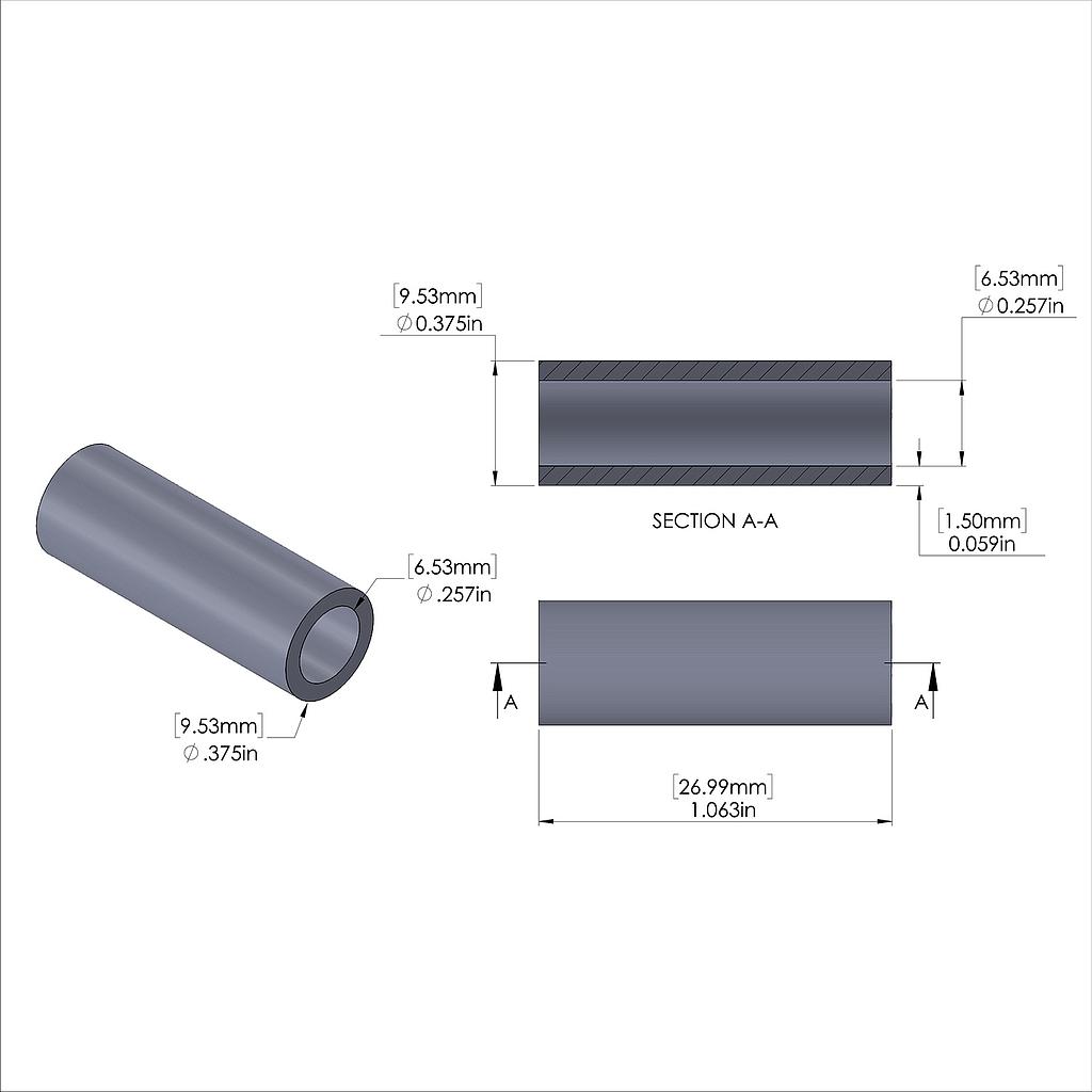 Aluminum Spacer 3/8'' OD x .257'' ID x 1-1/16'' Long, Plain Aluminum Finish