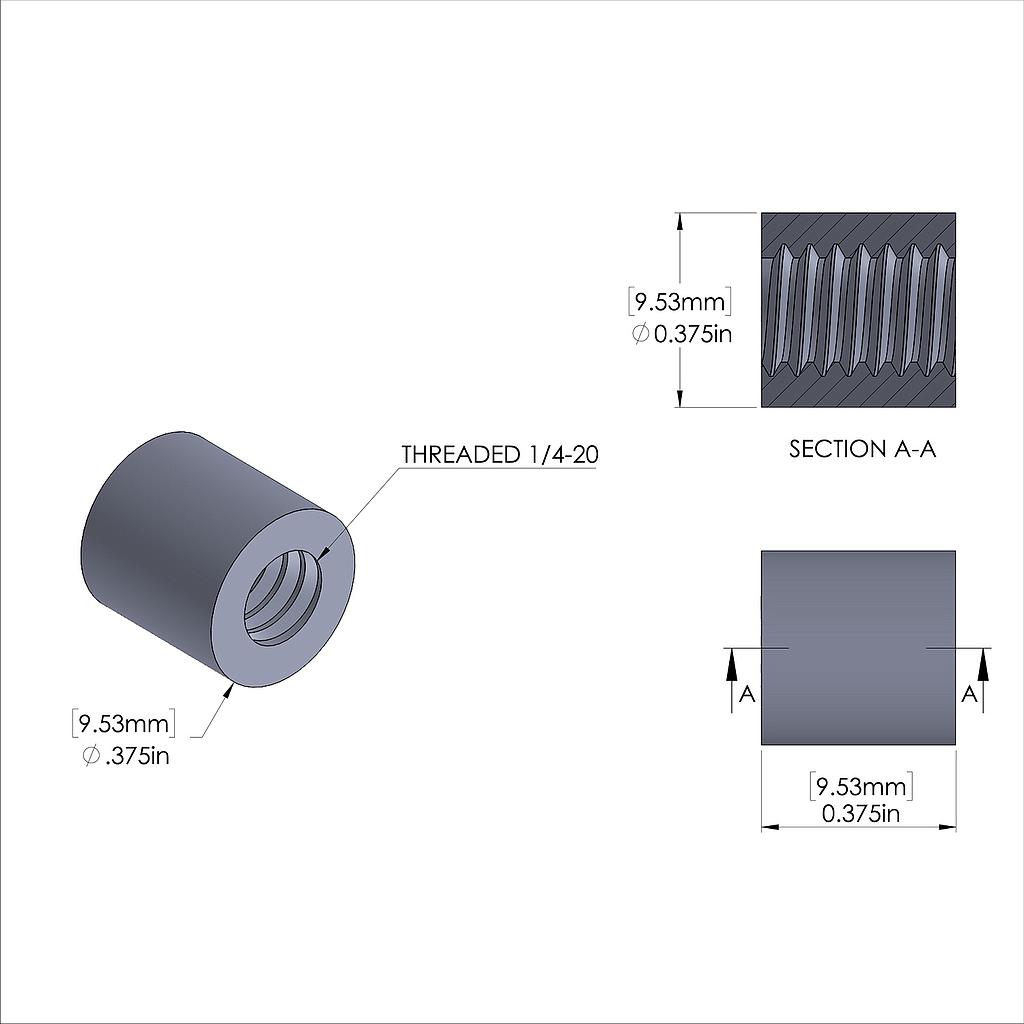 Aluminum Standoff 3/8'' OD x 1/4-20 Thread x 3/8'' Long, Plain Aluminum Finish