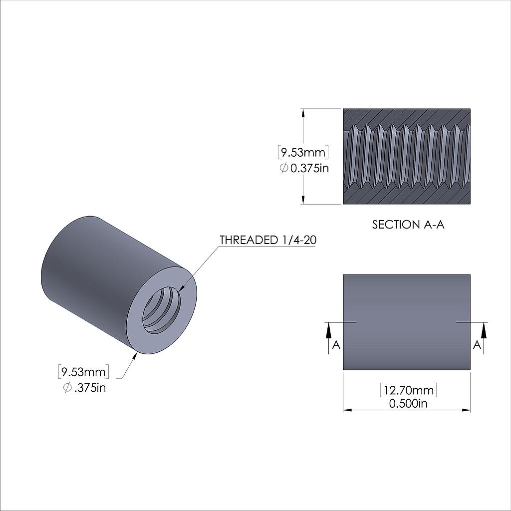 Aluminum Standoff 3/8'' OD x 1/4-20 Thread x 1/2'' Long, Plain Aluminum Finish