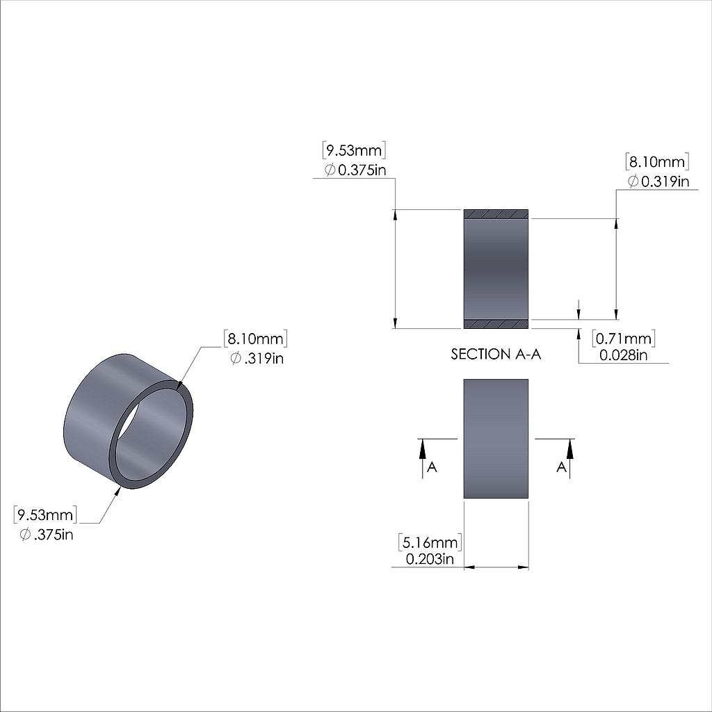 Aluminum Spacer 3/8'' OD x .319'' ID x 13/64'' Long, Plain Aluminum Finish