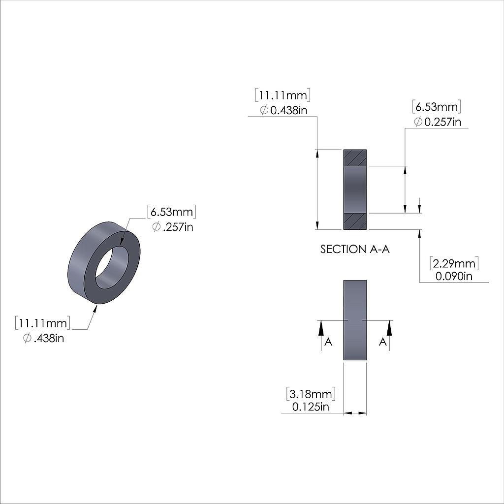 Aluminum Spacer 7/16'' OD x .257'' ID x 1/8'' Long, Plain Aluminum Finish